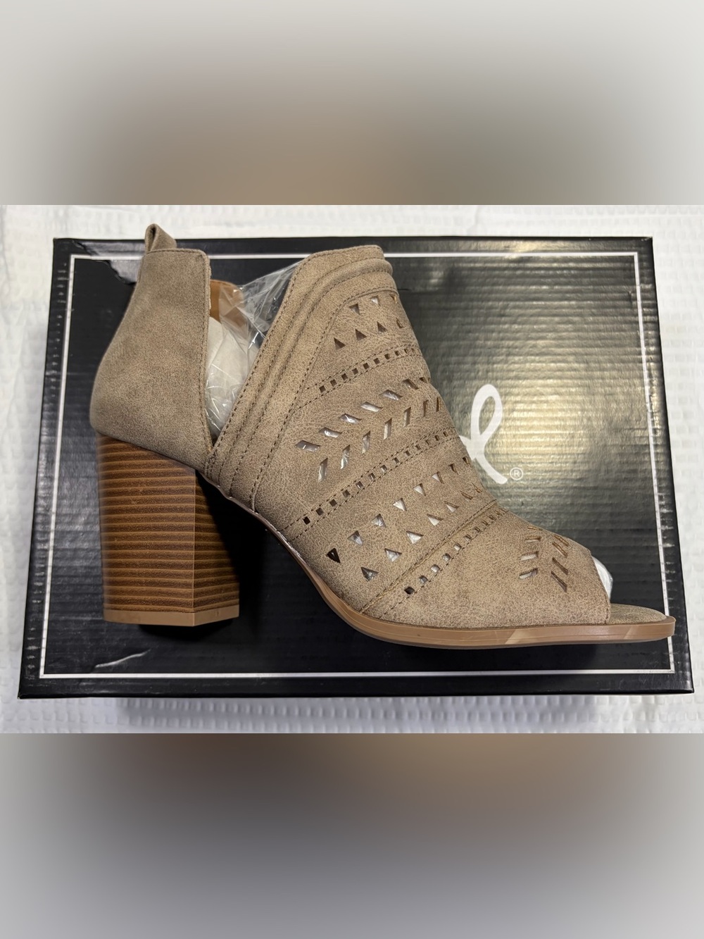 Qupid Taupe Peep-Toe Laser-Cut Bootie